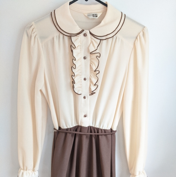 Vtg 70s/80s Brown/Cream Frilled Ruffled Boho Dress - Picture 3 of 12